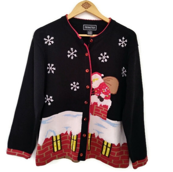 Terazzo Sweaters - Vintage Terazzo Christmas Cardigan Santa Ugly Sweater Holiday Size Large